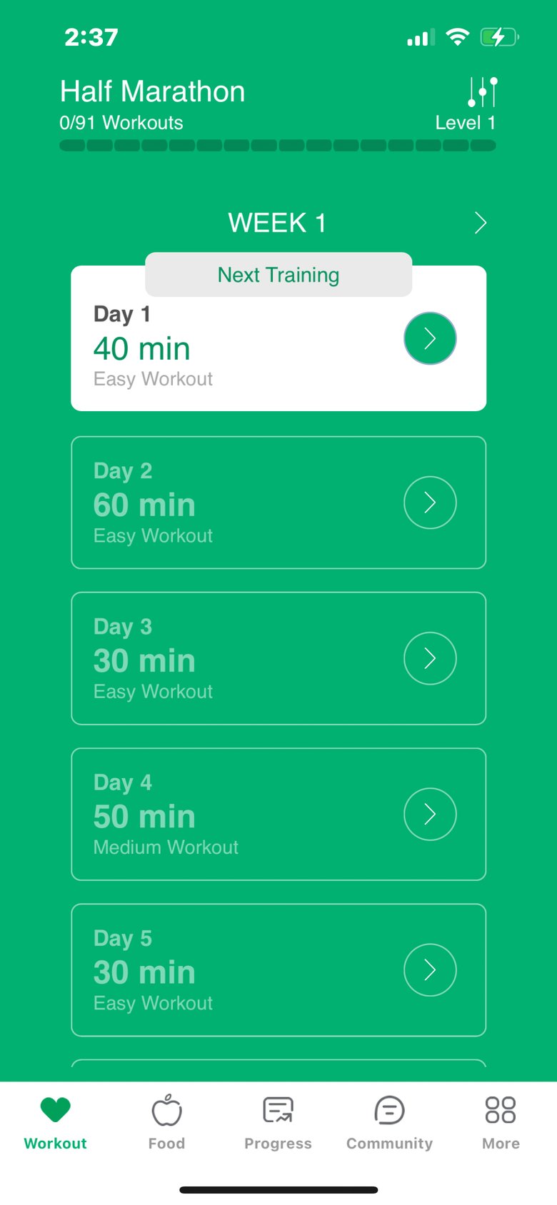 21K Half Marathon Run Coach app screen