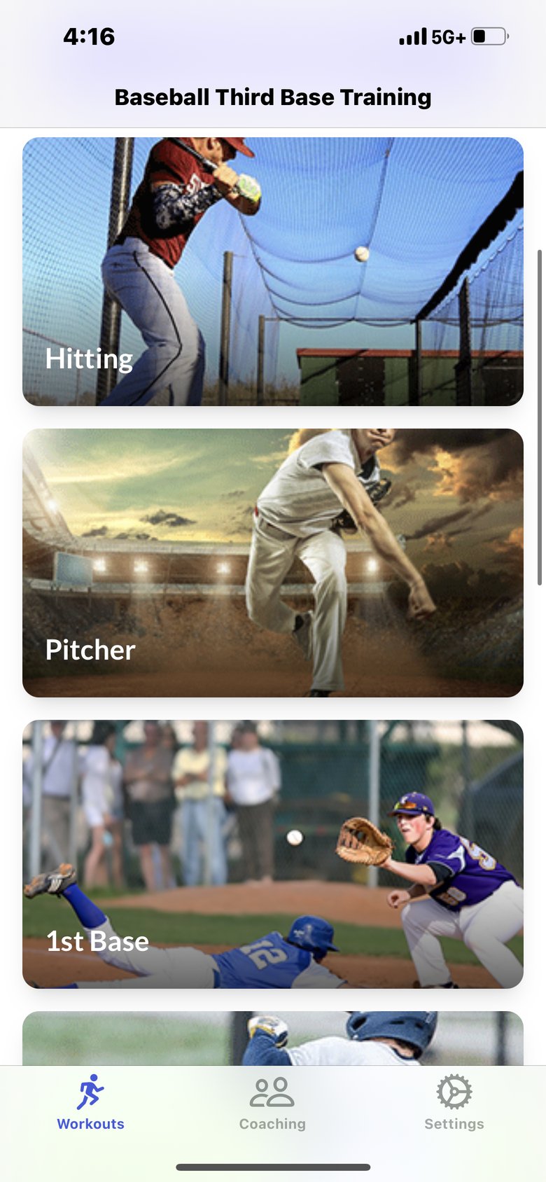 Baseball Training & workouts app screen