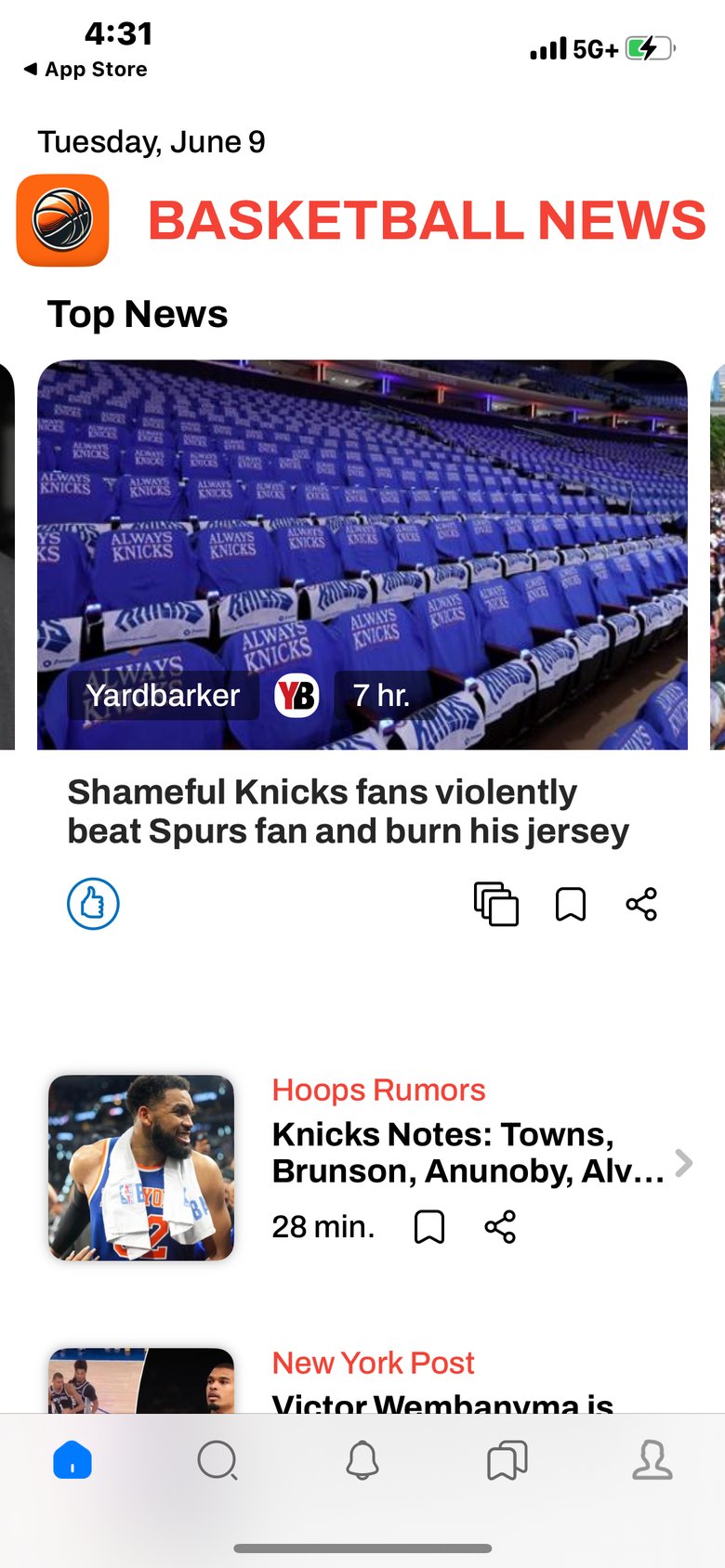 Basketball News & Scores app screen