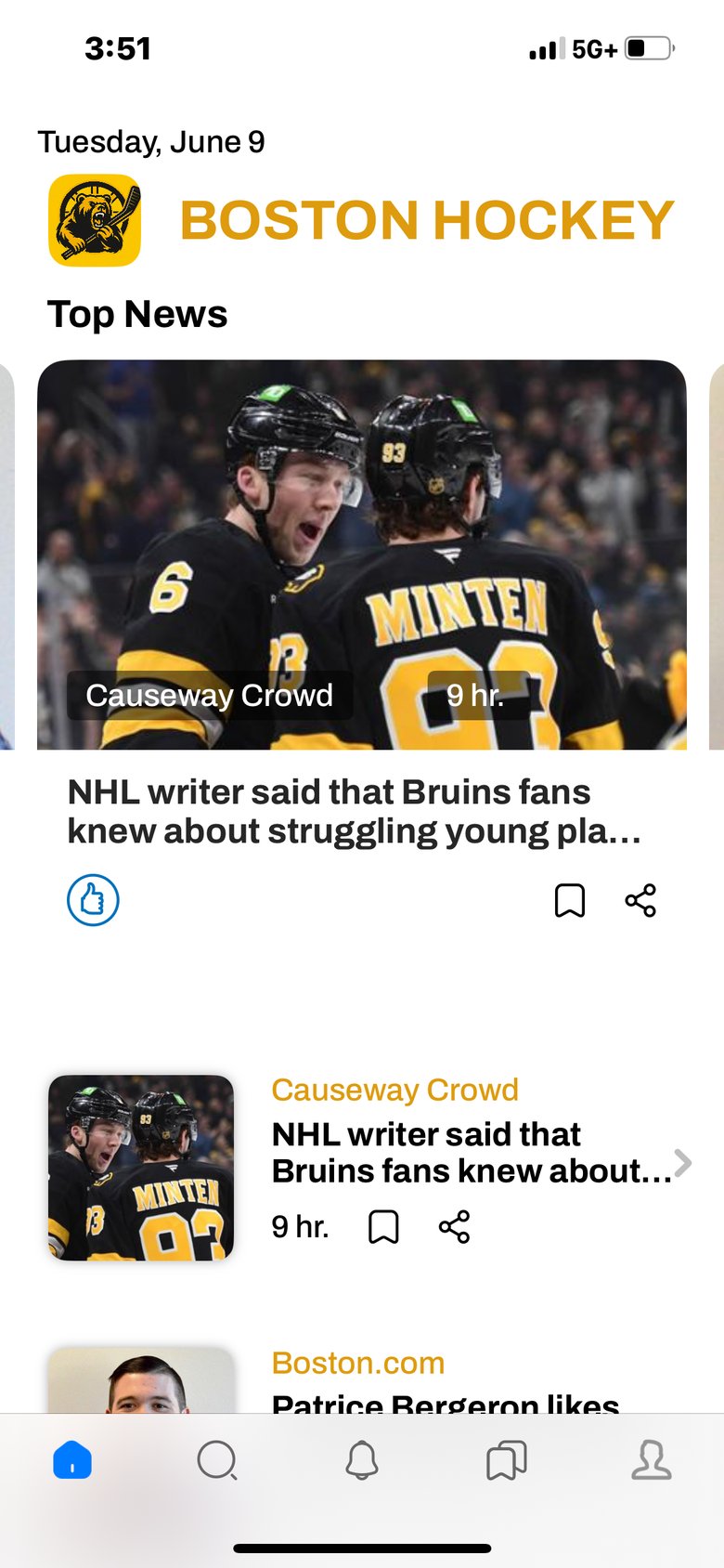 Boston Bruins Hockey Fan News app screen