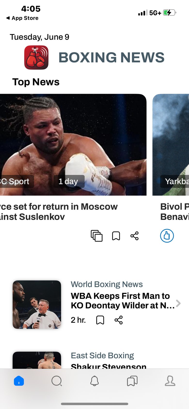 Boxing news: Latest Updates app screen