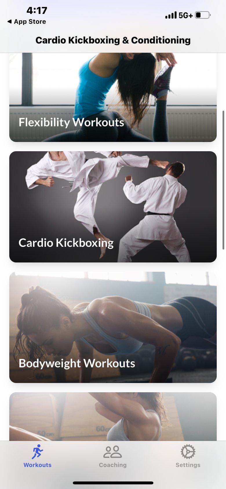 Cardio Kickboxing Workouts app screen