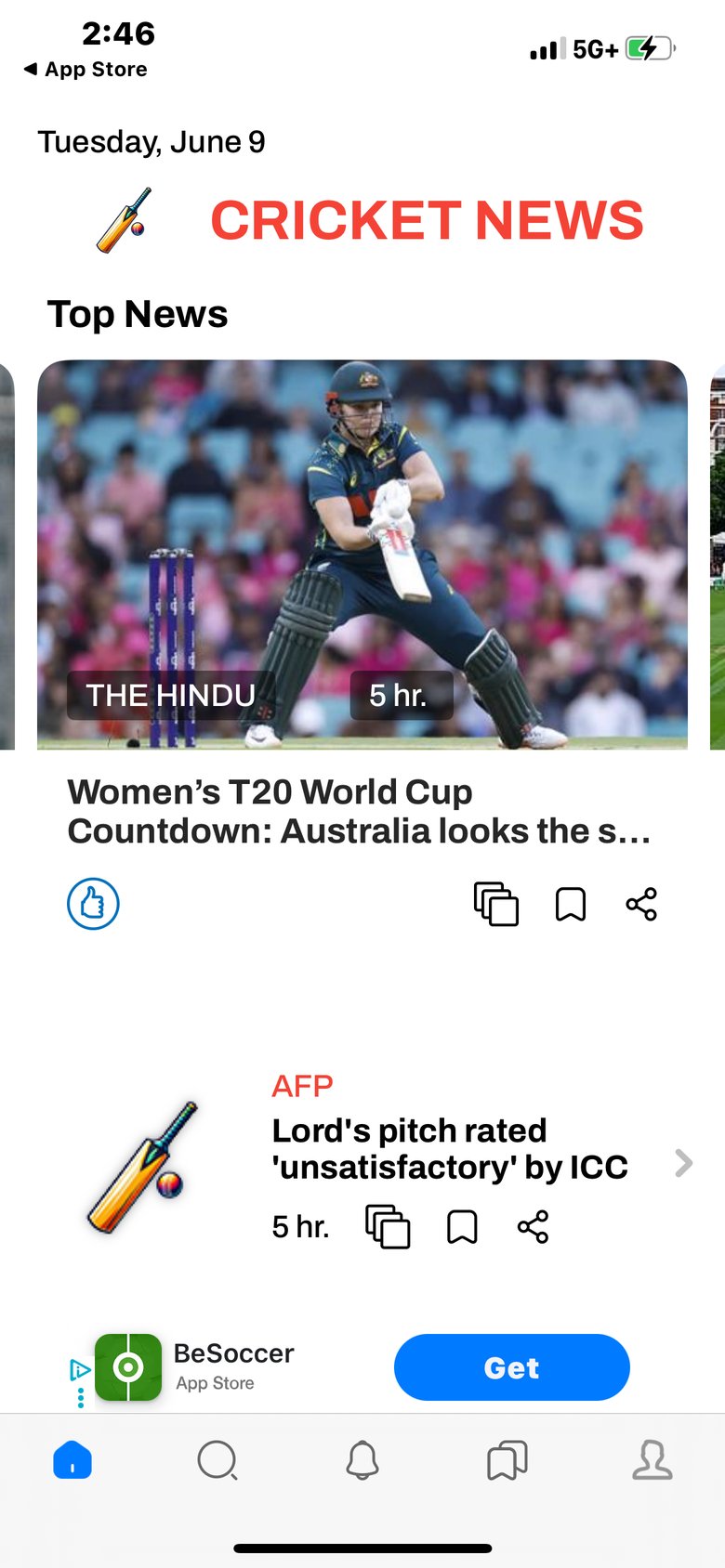 Cricket News, Scores & Videos app screen