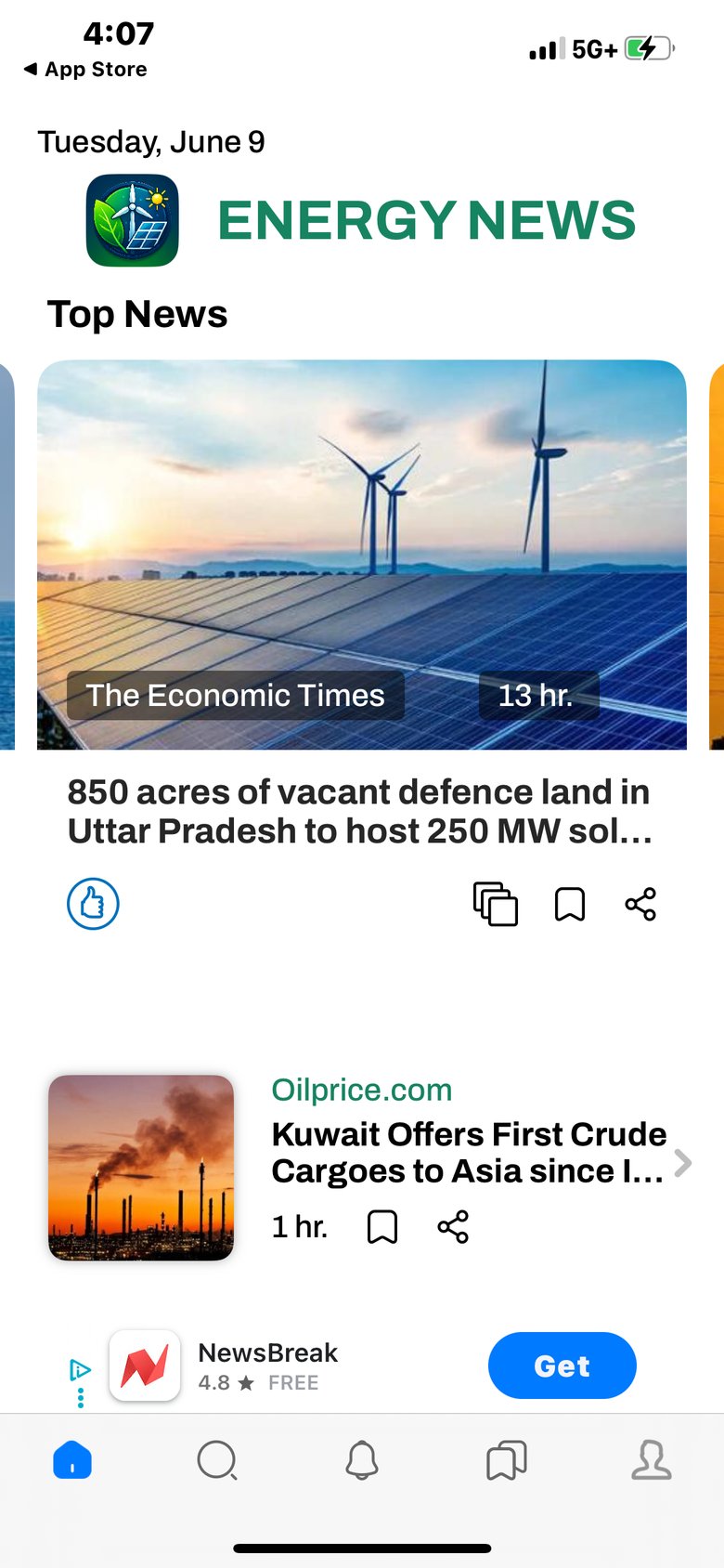 Energy & Oil News Updates app screen