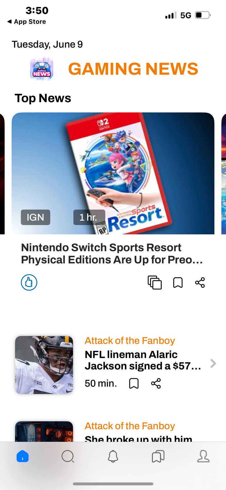 Gaming News and Reviews app screen