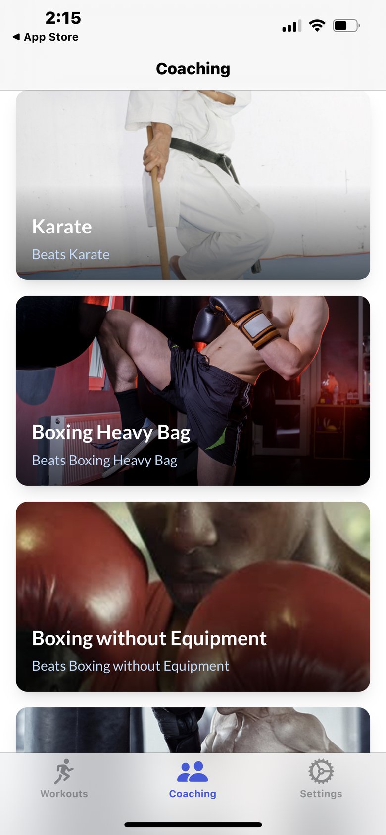 Mixed Martial Arts trainings app screen