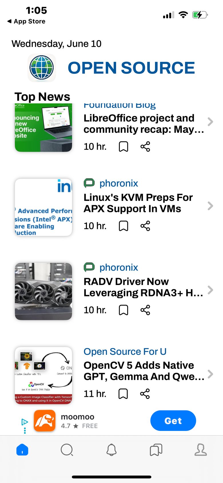 Open Source & Software News app screen