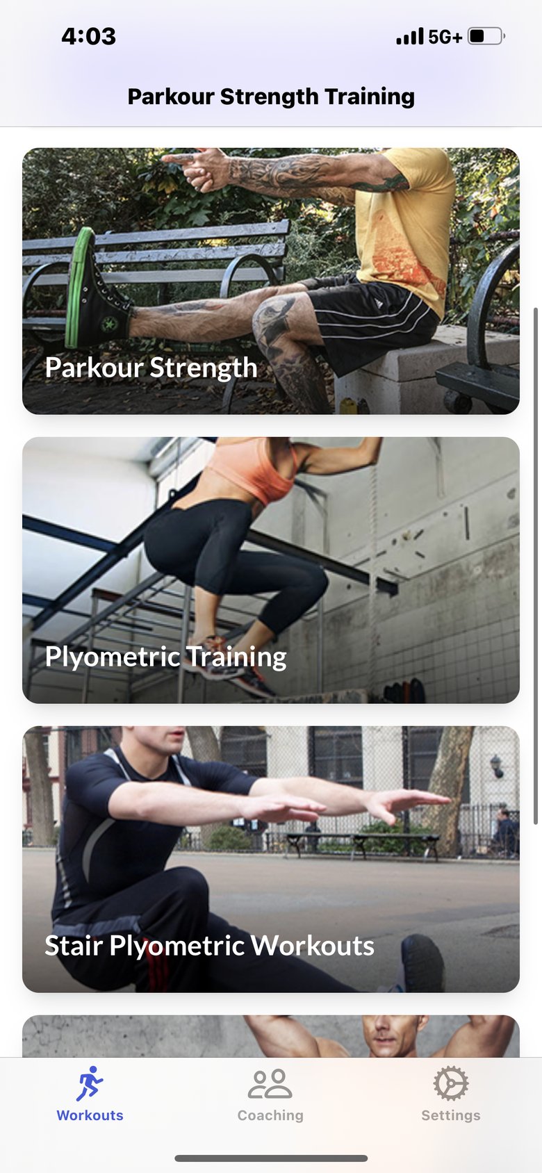 Parkour Trainings & workouts app screen