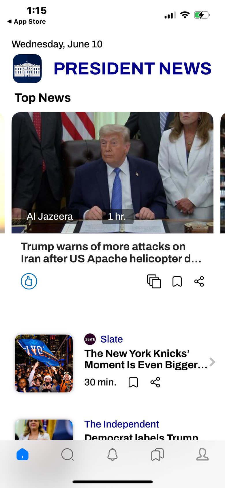 President & Oval Office News app screen