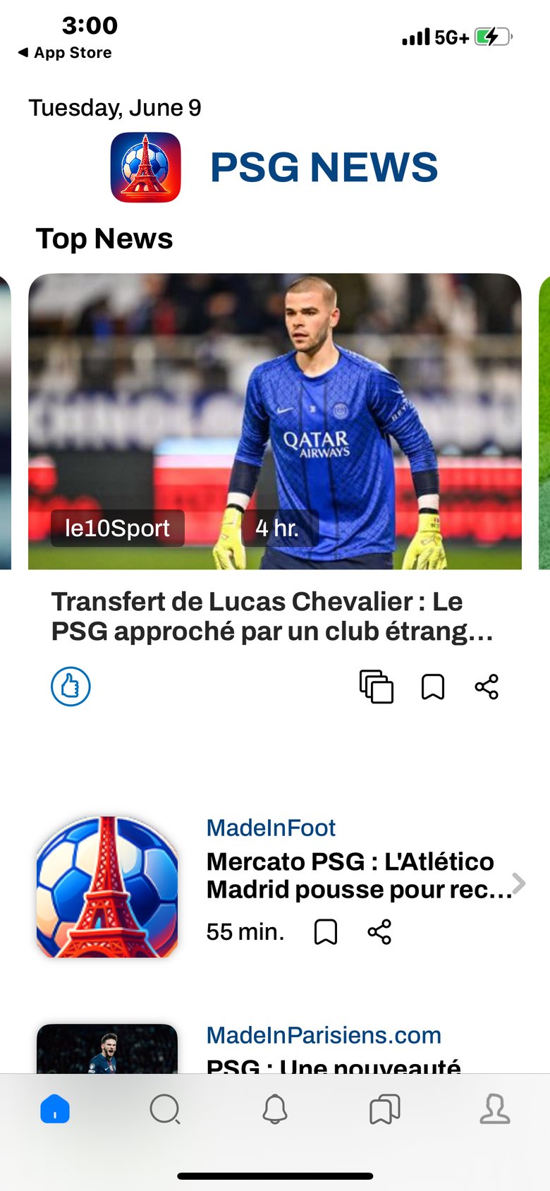 PSG Fan News & Scores app screen