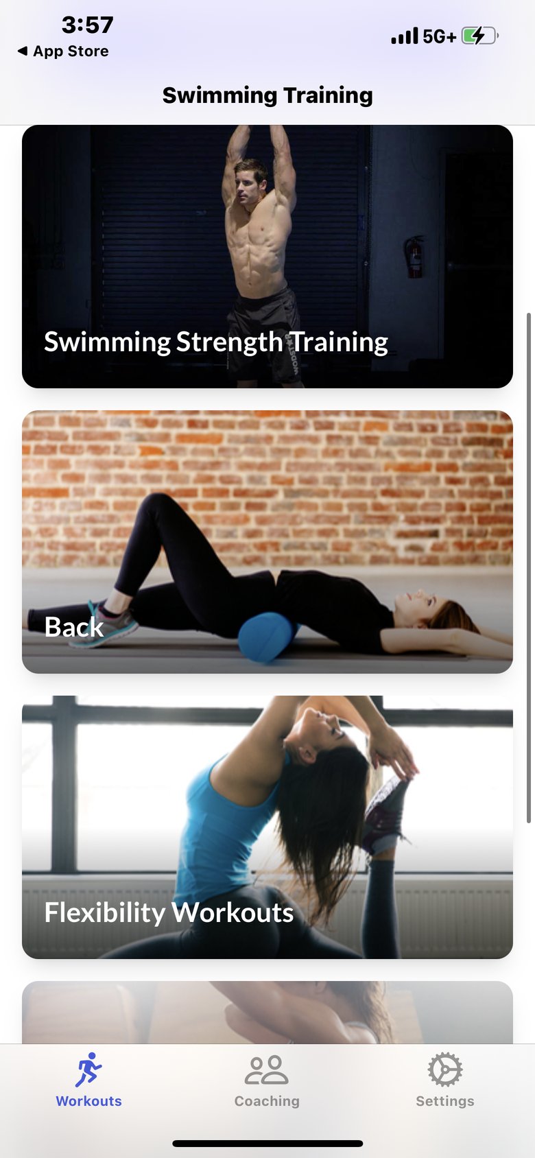 Swimming Training & Workouts app screen