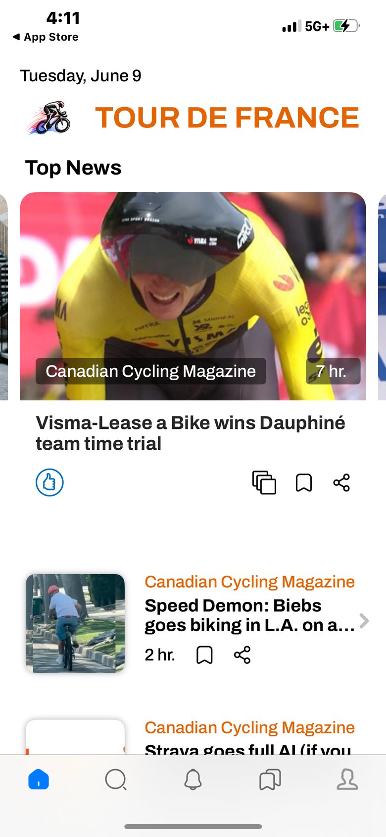 Unofficial Tour de France News app screen