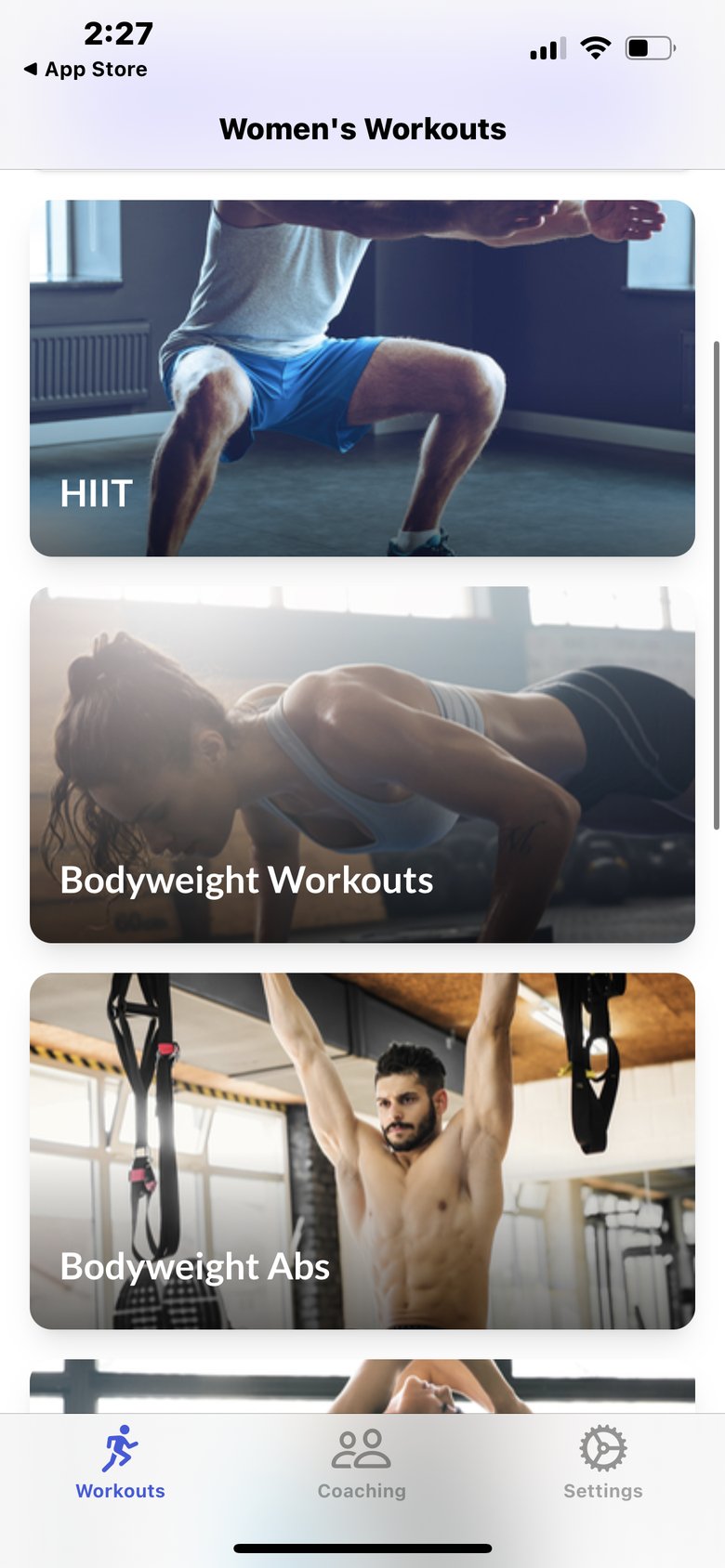 Women's Fitness & Workouts app screen